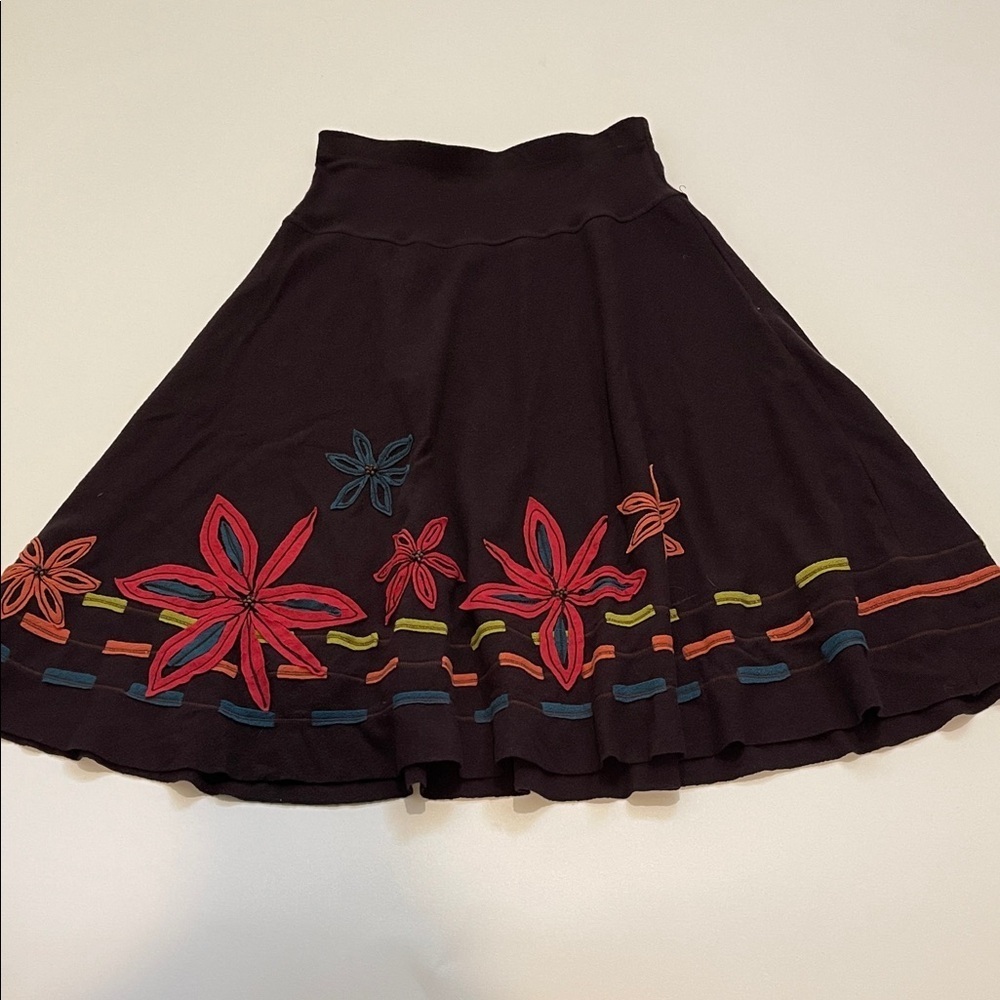 Dick & Jayne 100% Wool Brown Circle Skirt with Multicolor Floral Appliqué
